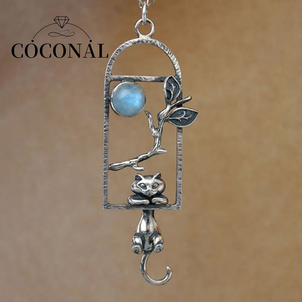 Cute Women Man Neck Pendants Silver Color Window Moonstone Cat Branches Pendant Charms For Making Jewelry Accessories DIY