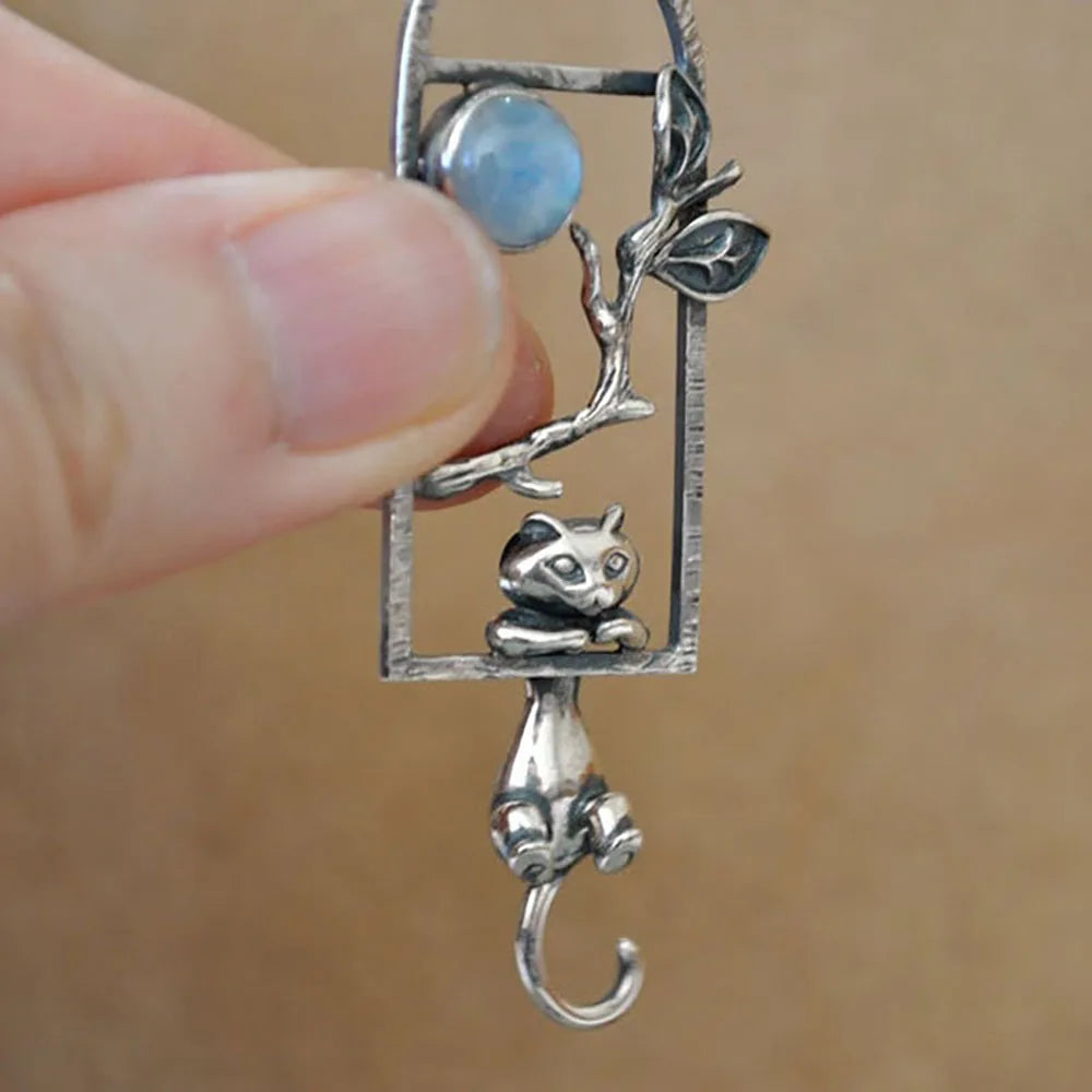 Cute Women Man Neck Pendants Silver Color Window Moonstone Cat Branches Pendant Charms For Making Jewelry Accessories DIY