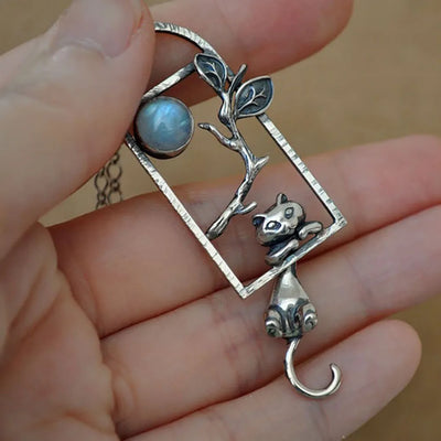 Cute Women Man Neck Pendants Silver Color Window Moonstone Cat Branches Pendant Charms For Making Jewelry Accessories DIY