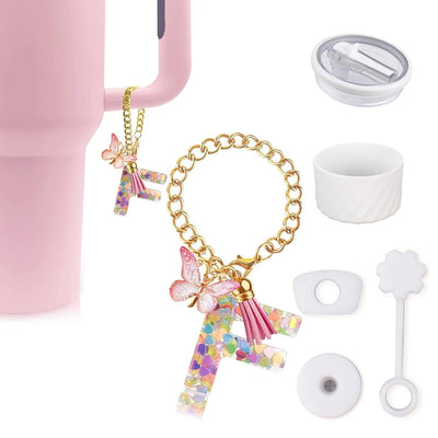 6pcs Accessories Set for Stanley Cup 40oz Including Glitter Silicone Boot Diamond Butterfly Charm Chain Bow Silicone Straw