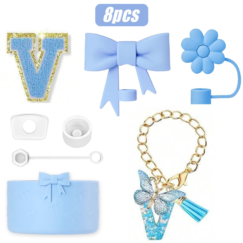 8PCS Cup Accessories Set for Stanley Cup 30oz 40oz, A-Z Initials Decorations, Including Silicone Straw Cover Cap,Sticker ﻿ ﻿