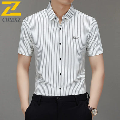 Men's Shirt Autumn New Style Comfortable Breathable Fashionable Striped Short Sleeved Shirt Business Casual Lapel Men's Clothing