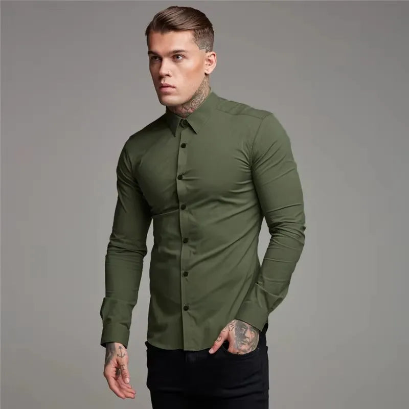 Men's Shirt Fashion Full Sleeve Shirt Men's Muscle Casual Slim-fit Business Dress Solid Color Shirt Men's Gym Fitness Men Shirt