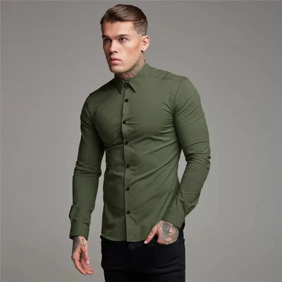 Men's Shirt Fashion Full Sleeve Shirt Men's Muscle Casual Slim-fit Business Dress Solid Color Shirt Men's Gym Fitness Men Shirt
