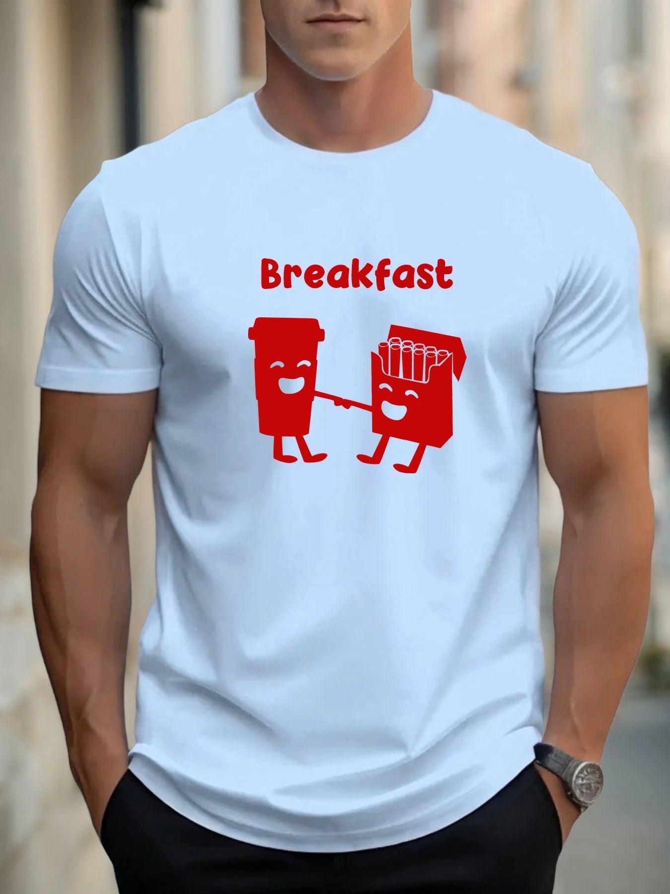 T Shirt For Men Breakfast 100% Cotton Graphic Printing Summer Round Neck T-Shirt Casual Breathable Street Style Daily Top