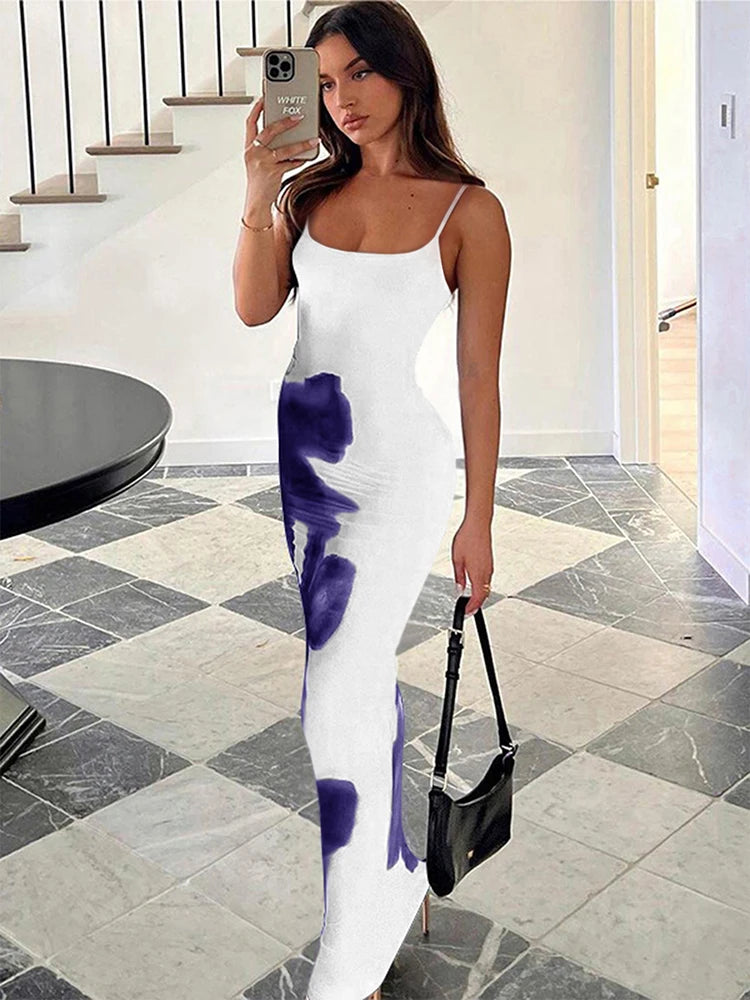 Summer Women's Dresses New Fashion Print Sleeveless Backless Bodycon Sexy Maxi Dresses Casual Streetwear Club Elegant Lady Dress