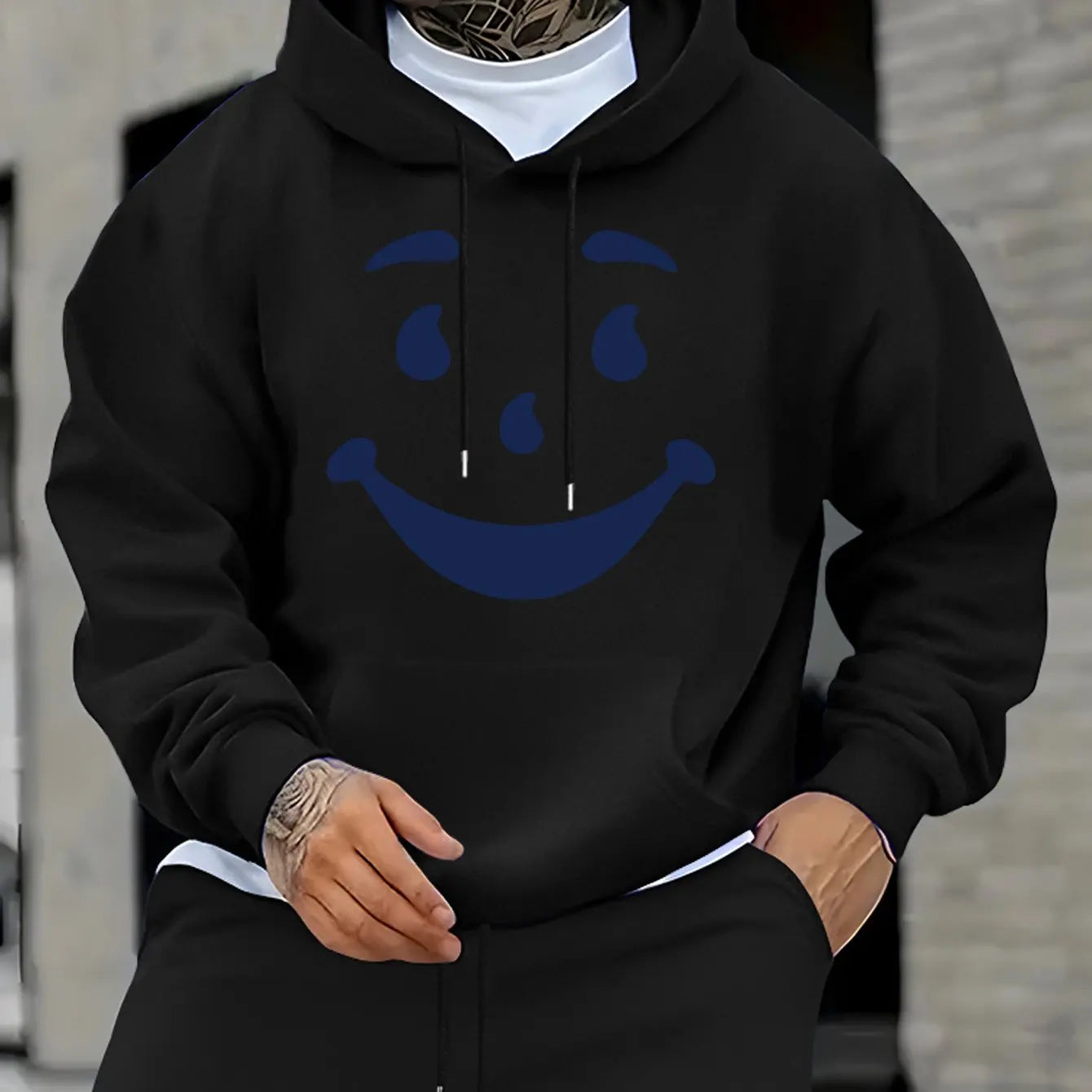 Men's Casual Hoodie with Bold Geometric Print & Happy Face Design - Relaxed Fit, Front Pocket, for Spring/Fall