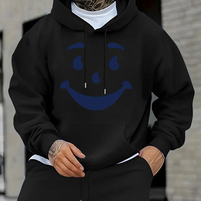 Men's Casual Hoodie with Bold Geometric Print & Happy Face Design - Relaxed Fit, Front Pocket, for Spring/Fall