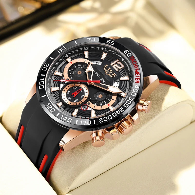 LIGE Men Wristwatch Fashion Luxury Waterproof Sport Stopwatch Quartz Watches Business Wrist Watch for Man Silicone Strap+Box