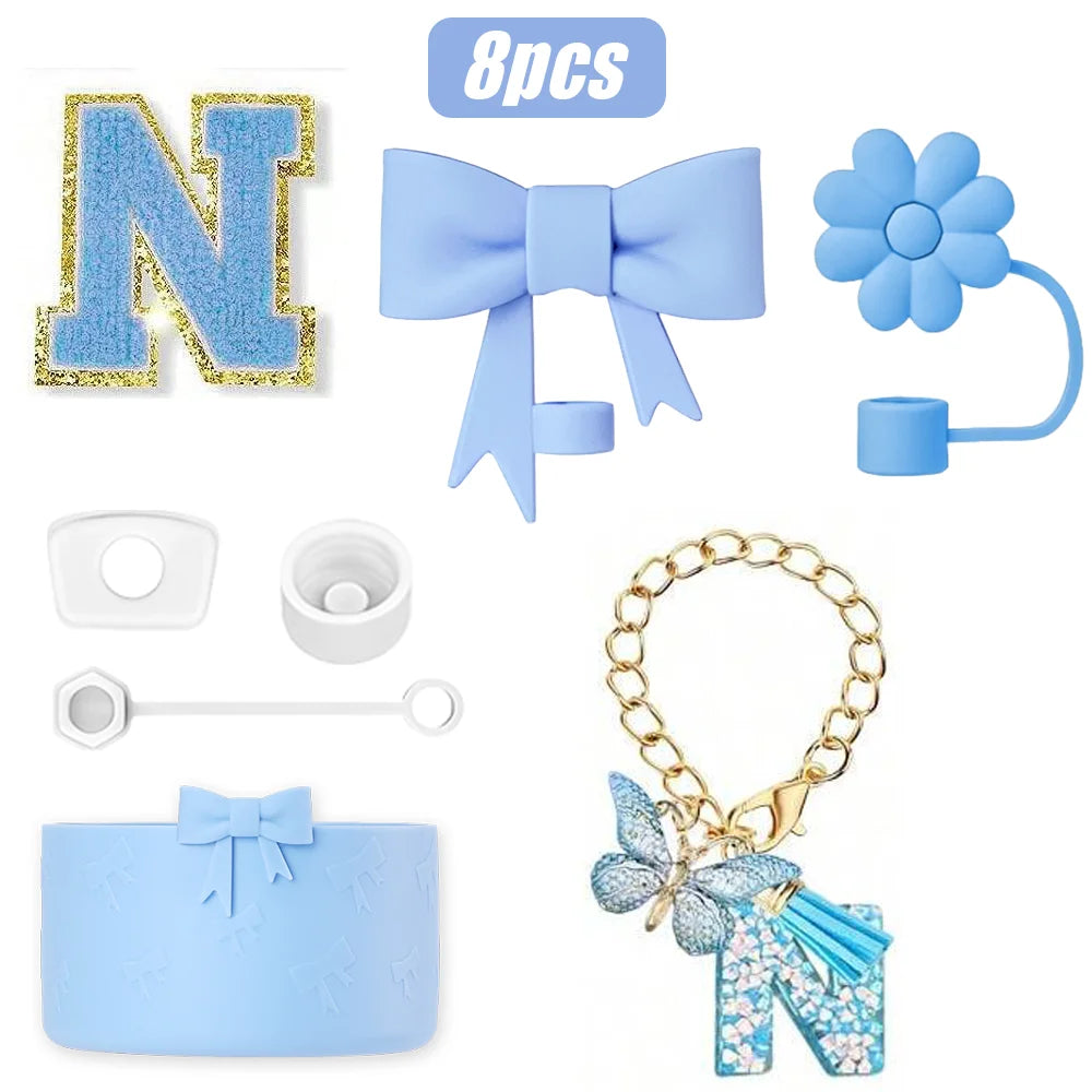 8PCS Cup Accessories Set for Stanley Cup 30oz 40oz, A-Z Initials Decorations, Including Silicone Straw Cover Cap,Sticker ﻿ ﻿