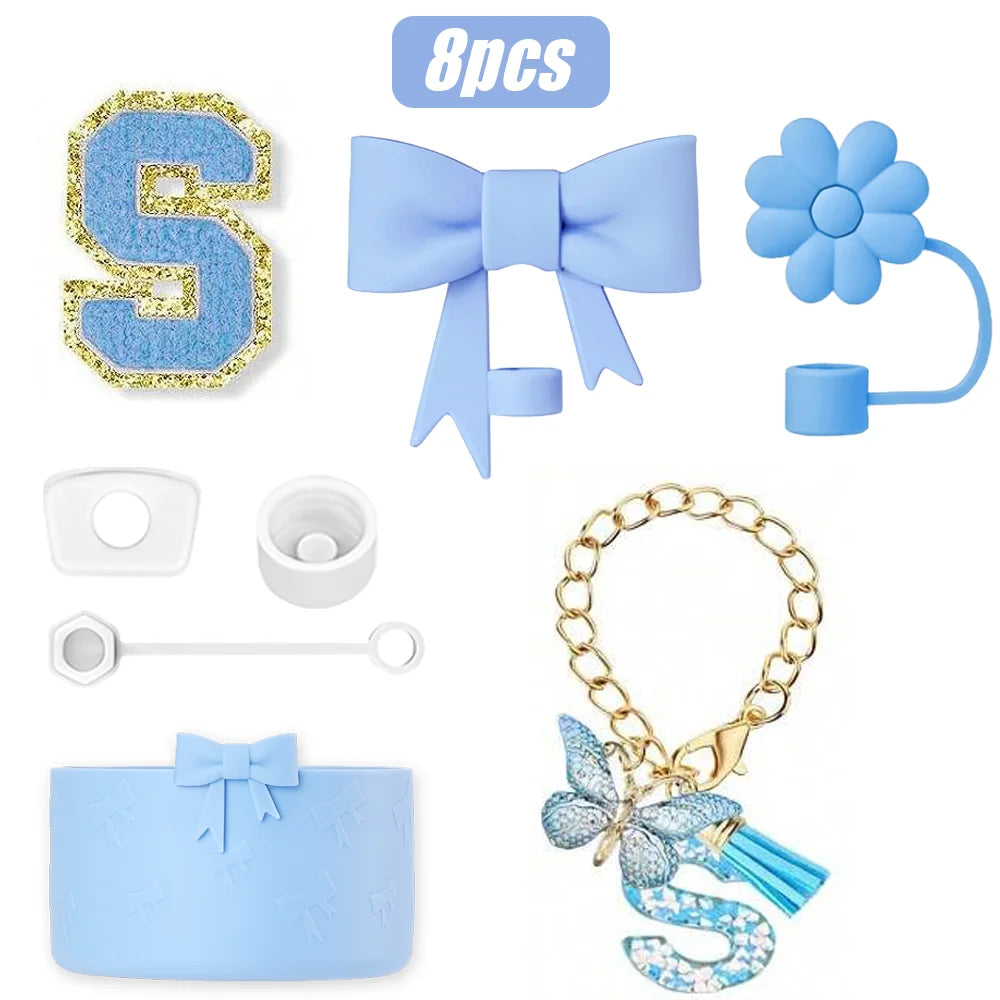 8PCS Cup Accessories Set for Stanley Cup 30oz 40oz, A-Z Initials Decorations, Including Silicone Straw Cover Cap,Sticker ﻿ ﻿