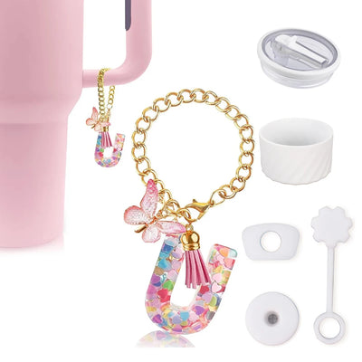 6pcs Accessories Set for Stanley Cup 40oz Including Glitter Silicone Boot Diamond Butterfly Charm Chain Bow Silicone Straw