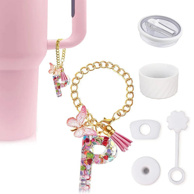 6pcs Accessories Set for Stanley Cup 40oz Including Glitter Silicone Boot Diamond Butterfly Charm Chain Bow Silicone Straw