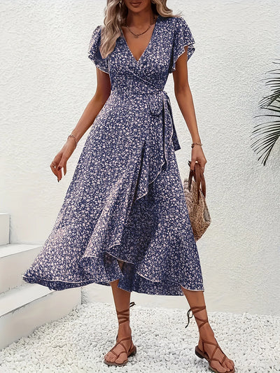 Summer Dresses for Women Sexy V Neck Short Sleeve Irregular High Waist Lace-up Flower Print Dress Casual Beach Dresses