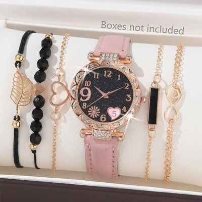 6PCS Set Watch For Women Luxury Leather Analog Ladies Quartz Wrist Watch Fashion Bracelet Watch Set Female Relogio Feminino