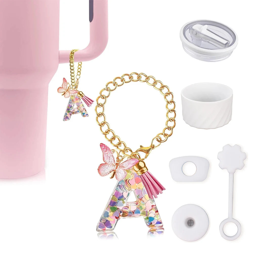 6pcs Accessories Set for Stanley Cup 40oz Including Glitter Silicone Boot Diamond Butterfly Charm Chain Bow Silicone Straw