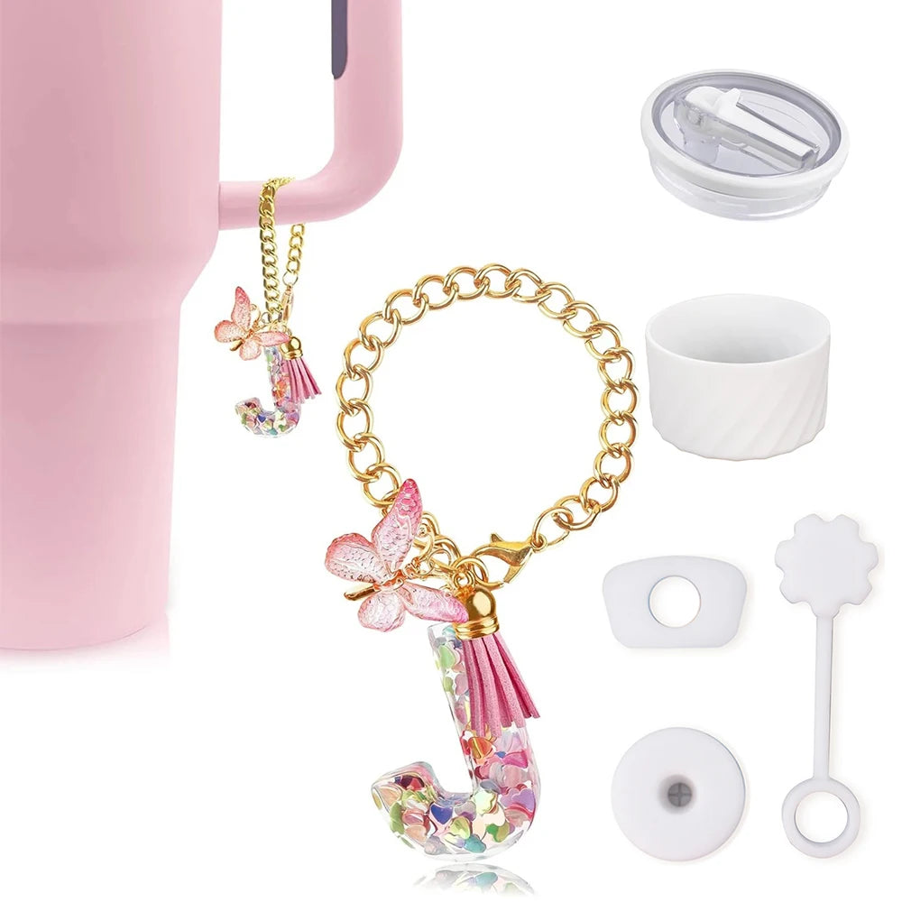6pcs Accessories Set for Stanley Cup 40oz Including Glitter Silicone Boot Diamond Butterfly Charm Chain Bow Silicone Straw