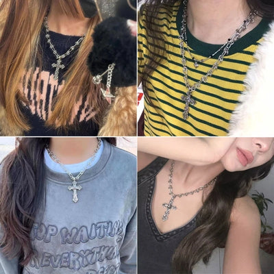 Vintage Cross Pendants Necklace for Women Kpop Punk Chain Necklaces Long Korean Fashion Retro Jewelry on The Neck Gift