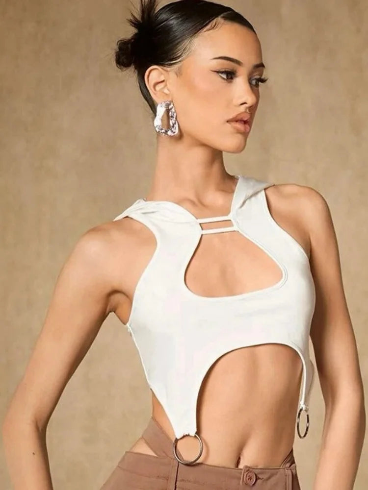 Hooded Tank Top Women Edgy Clothes Y2k Accessories Cut Out Sexy Streetwear Sleeveless T-Shirt White Corset Ropa Mujer Ring Decor