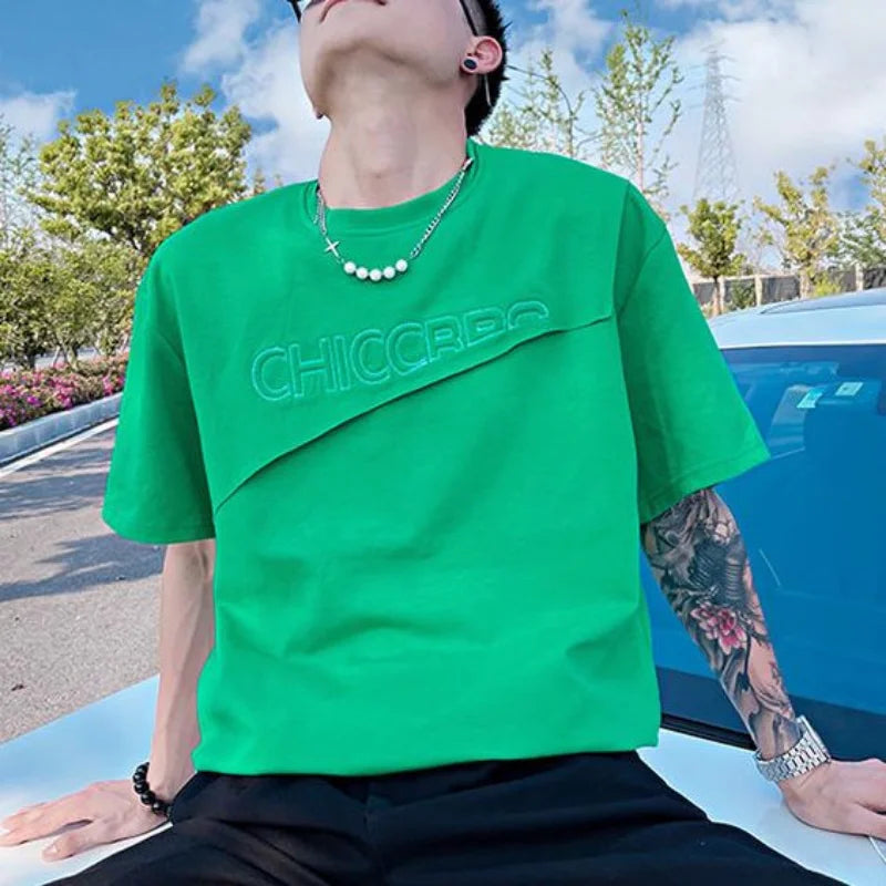 Top T Shirt for Men Man Tee Shirts Green Plain Slim Fit Clothing Streetwear Alphabet Rock Ordinary Katoen Hip Hop Cheap New In S