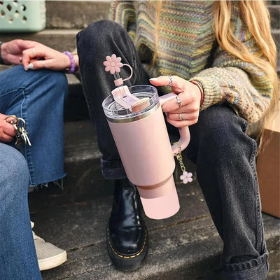 Cup Accessories for Stanley Cup Set of 9 Straw and Brush and 1 Flower Charm Chain 3 Spill Proof Stopper Flowers Straw Cover Boot