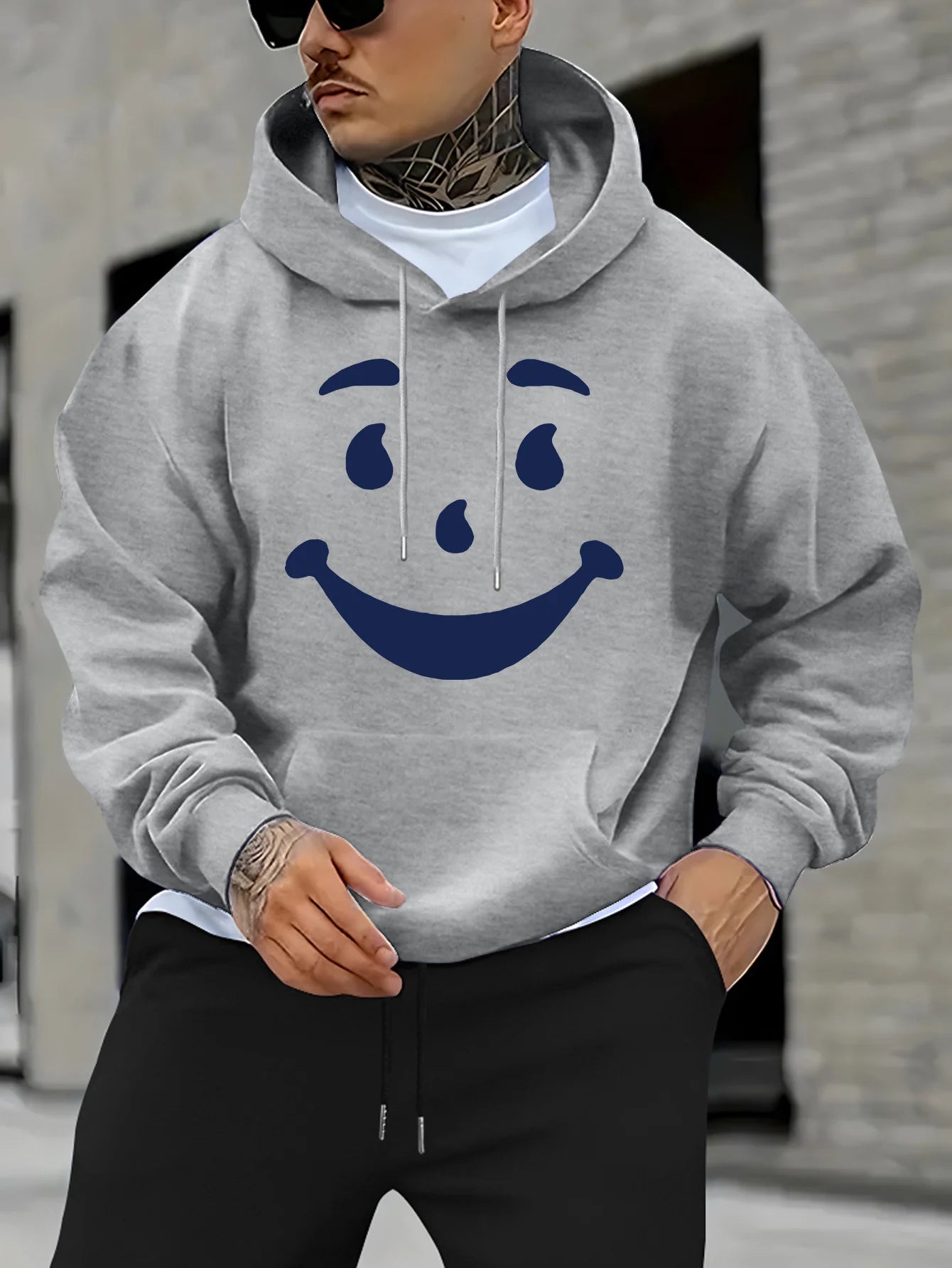 Men's Casual Hoodie with Bold Geometric Print & Happy Face Design - Relaxed Fit, Front Pocket, for Spring/Fall