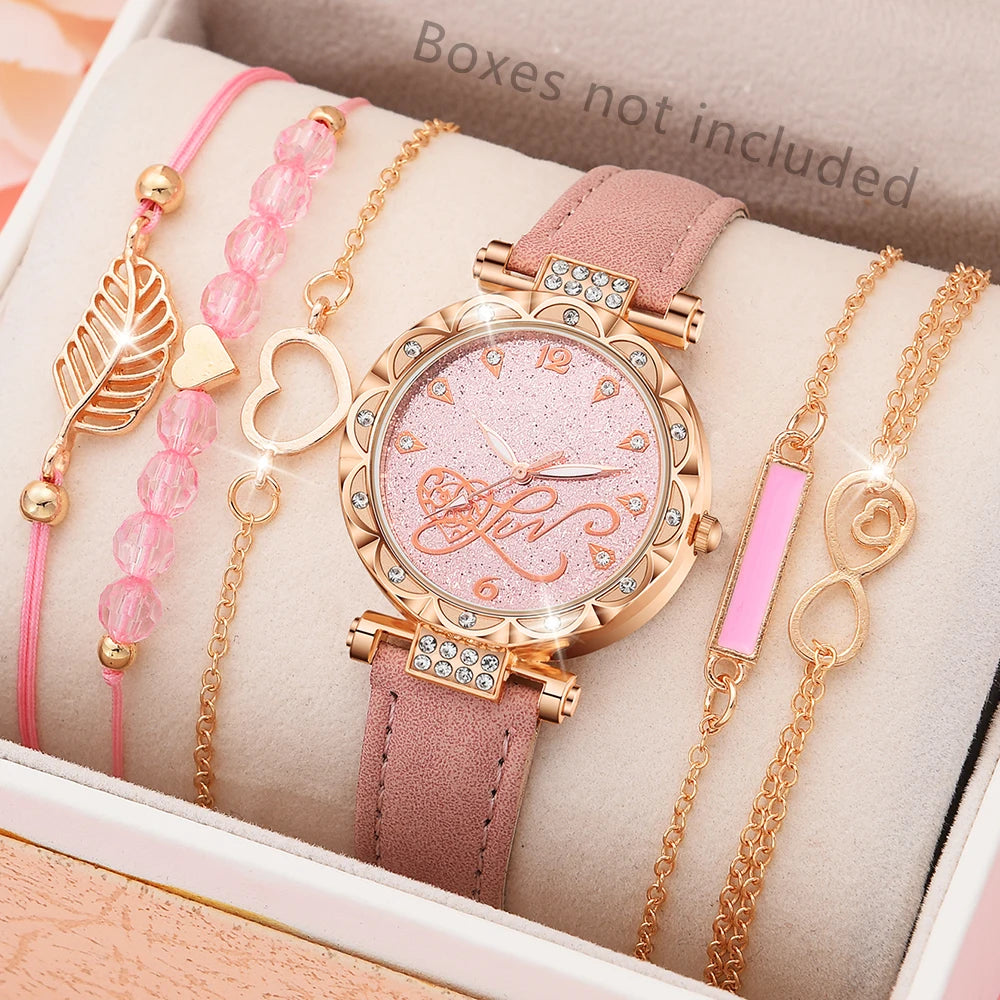 6PCS Set Watch For Women Luxury Leather Analog Ladies Quartz Wrist Watch Fashion Bracelet Watch Set Female Relogio Feminino