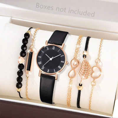 6PCS Set Watch For Women Luxury Leather Analog Ladies Quartz Wrist Watch Fashion Bracelet Watch Set Female Relogio Feminino