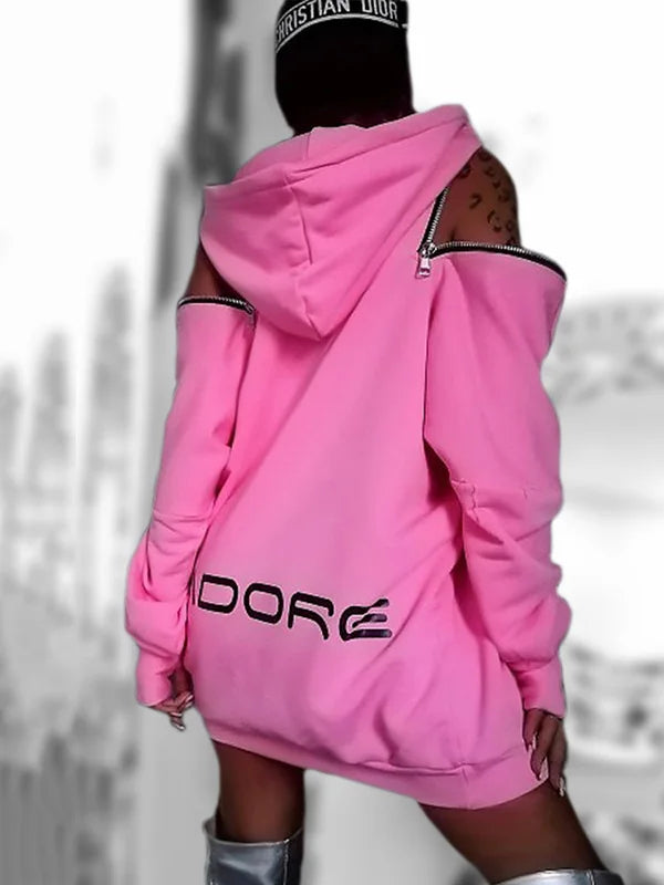 Women's hoodie coat Stylish Off-The-Shoulder Letter Print Sweatshirts Long Tops Sleeves Street Style coat Women's clothing