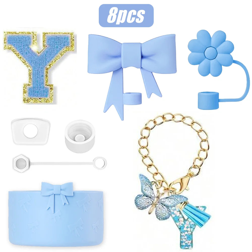 8PCS Cup Accessories Set for Stanley Cup 30oz 40oz, A-Z Initials Decorations, Including Silicone Straw Cover Cap,Sticker ﻿ ﻿