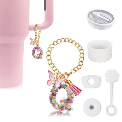 6pcs Accessories Set for Stanley Cup 40oz Including Glitter Silicone Boot Diamond Butterfly Charm Chain Bow Silicone Straw