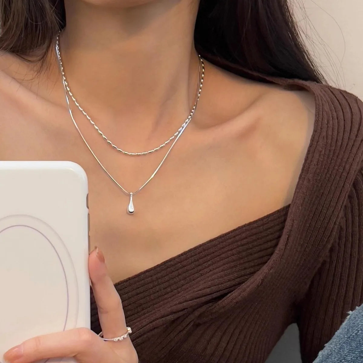 925 Sterling Silver Simple Design Drop Pendant Necklace for Women Double Collar Chain Fashion Fine Jewelry Gifts