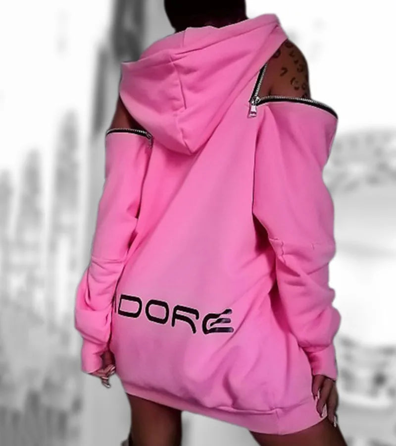 Women's hoodie coat Stylish Off-The-Shoulder Letter Print Sweatshirts Long Tops Sleeves Street Style coat Women's clothing