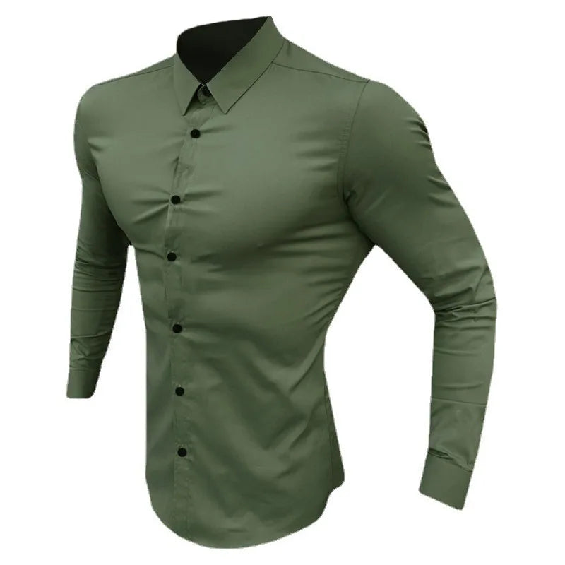 Men's Shirt Fashion Full Sleeve Shirt Men's Muscle Casual Slim-fit Business Dress Solid Color Shirt Men's Gym Fitness Men Shirt