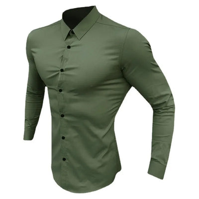 Men's Shirt Fashion Full Sleeve Shirt Men's Muscle Casual Slim-fit Business Dress Solid Color Shirt Men's Gym Fitness Men Shirt