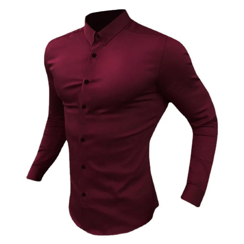 Men's Shirt Fashion Full Sleeve Shirt Men's Muscle Casual Slim-fit Business Dress Solid Color Shirt Men's Gym Fitness Men Shirt