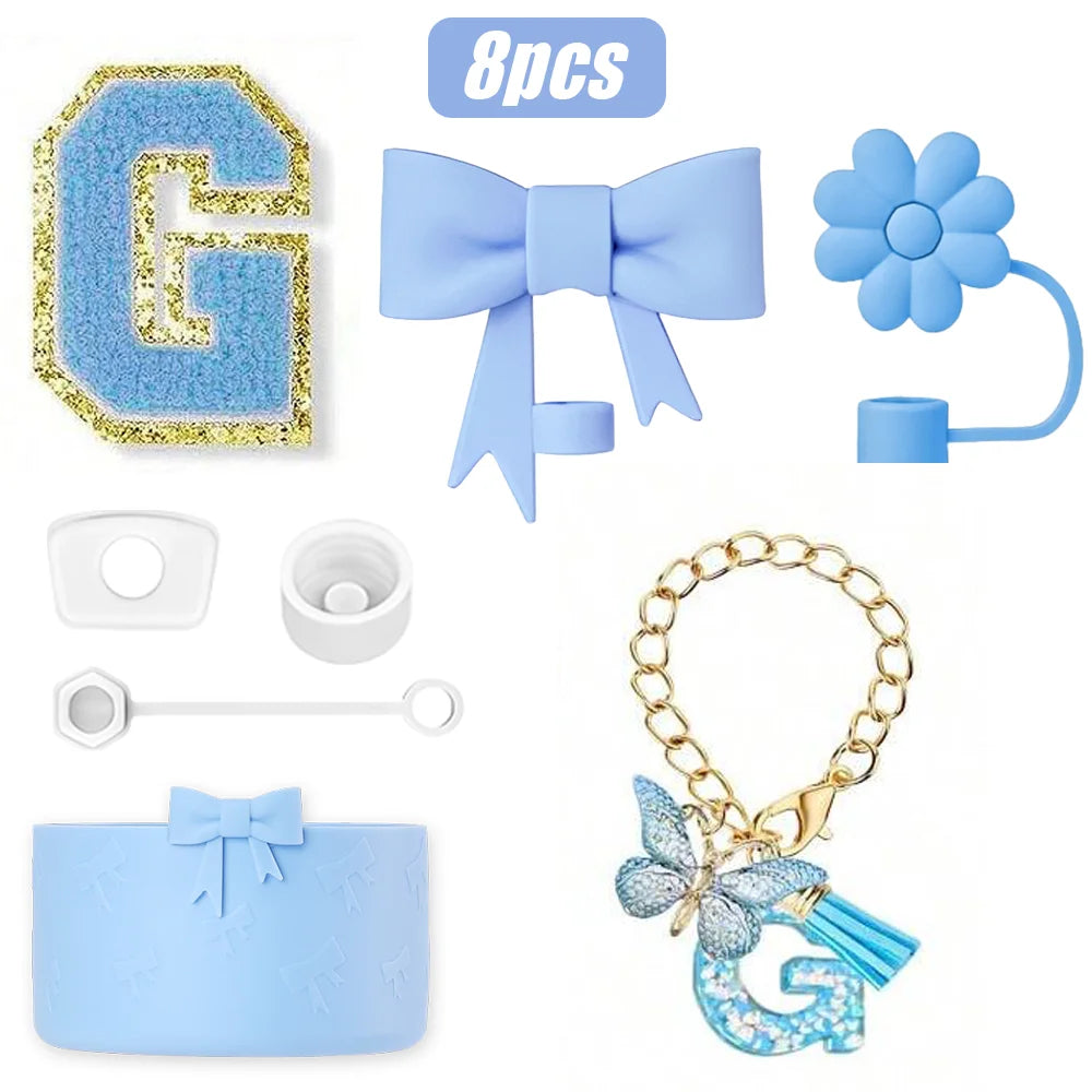 8PCS Cup Accessories Set for Stanley Cup 30oz 40oz, A-Z Initials Decorations, Including Silicone Straw Cover Cap,Sticker ﻿ ﻿