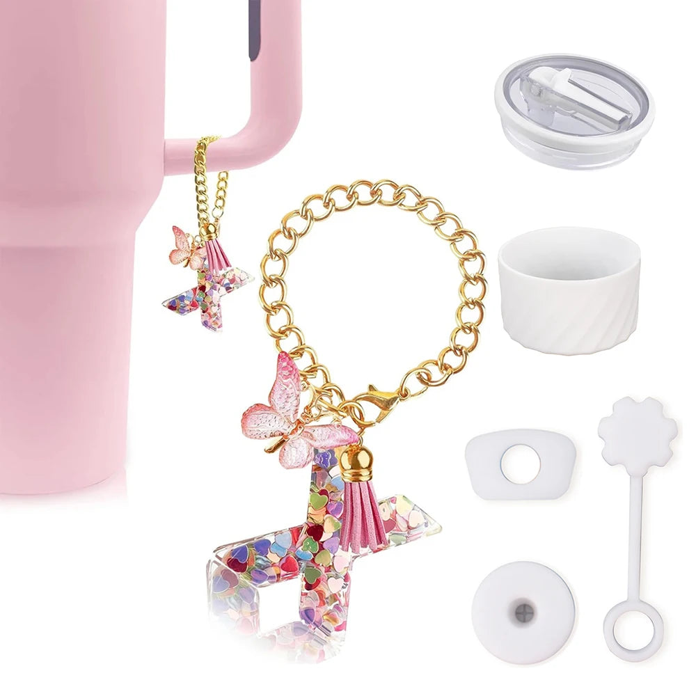 6pcs Accessories Set for Stanley Cup 40oz Including Glitter Silicone Boot Diamond Butterfly Charm Chain Bow Silicone Straw