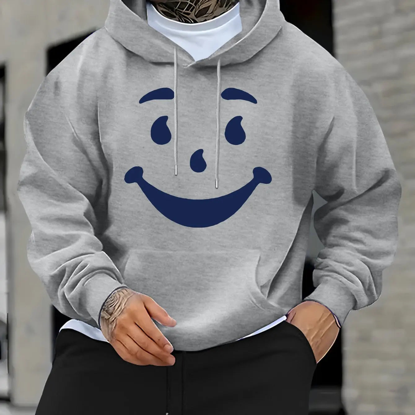 Men's Casual Hoodie with Bold Geometric Print & Happy Face Design - Relaxed Fit, Front Pocket, for Spring/Fall