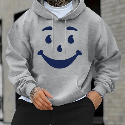 Men's Casual Hoodie with Bold Geometric Print & Happy Face Design - Relaxed Fit, Front Pocket, for Spring/Fall