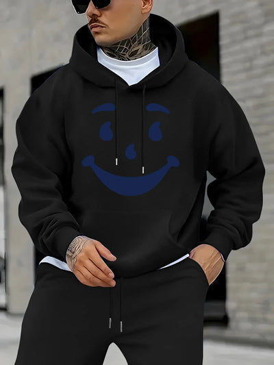 Men's Casual Hoodie with Bold Geometric Print & Happy Face Design - Relaxed Fit, Front Pocket, for Spring/Fall
