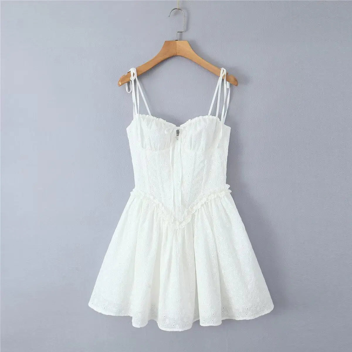 Summer dress 2024 Women Sexy  White Mini Dressses Lace Embroideryed Bodycon Dress Korean Fashion Ruffle Cami Dresss Back Lace Up
