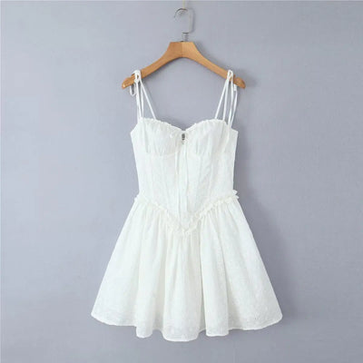 Summer dress 2024 Women Sexy  White Mini Dressses Lace Embroideryed Bodycon Dress Korean Fashion Ruffle Cami Dresss Back Lace Up