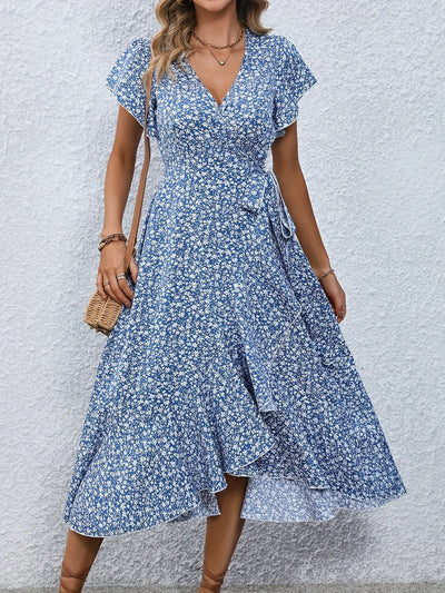 Summer Dresses for Women Sexy V Neck Short Sleeve Irregular High Waist Lace-up Flower Print Dress Casual Beach Dresses