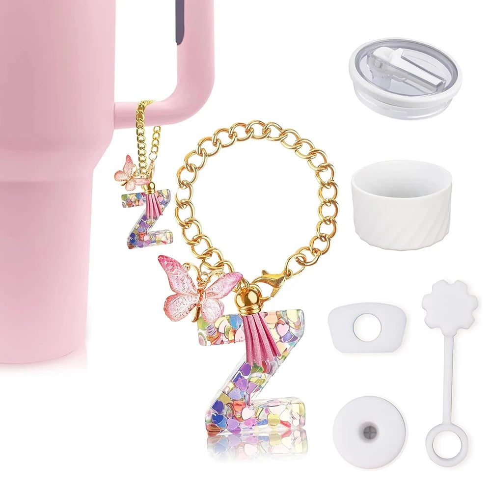 6pcs Accessories Set for Stanley Cup 40oz Including Glitter Silicone Boot Diamond Butterfly Charm Chain Bow Silicone Straw