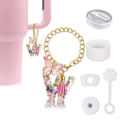 6pcs Accessories Set for Stanley Cup 40oz Including Glitter Silicone Boot Diamond Butterfly Charm Chain Bow Silicone Straw