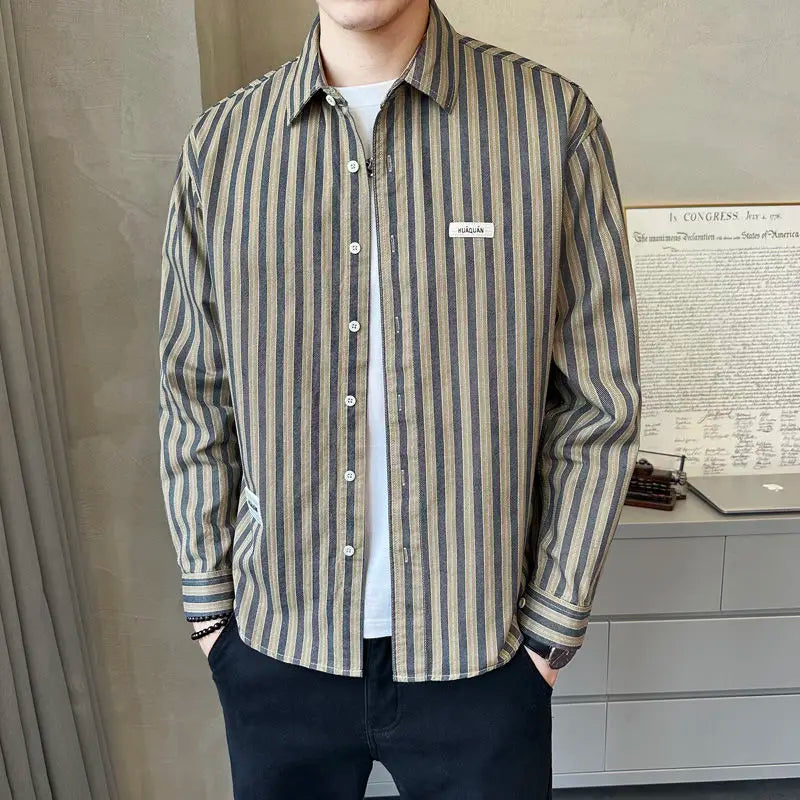 Men's Striped Shirt Long Sleeve Men's Top New Vertical Striped Versatile Fashion Trendy Shirt