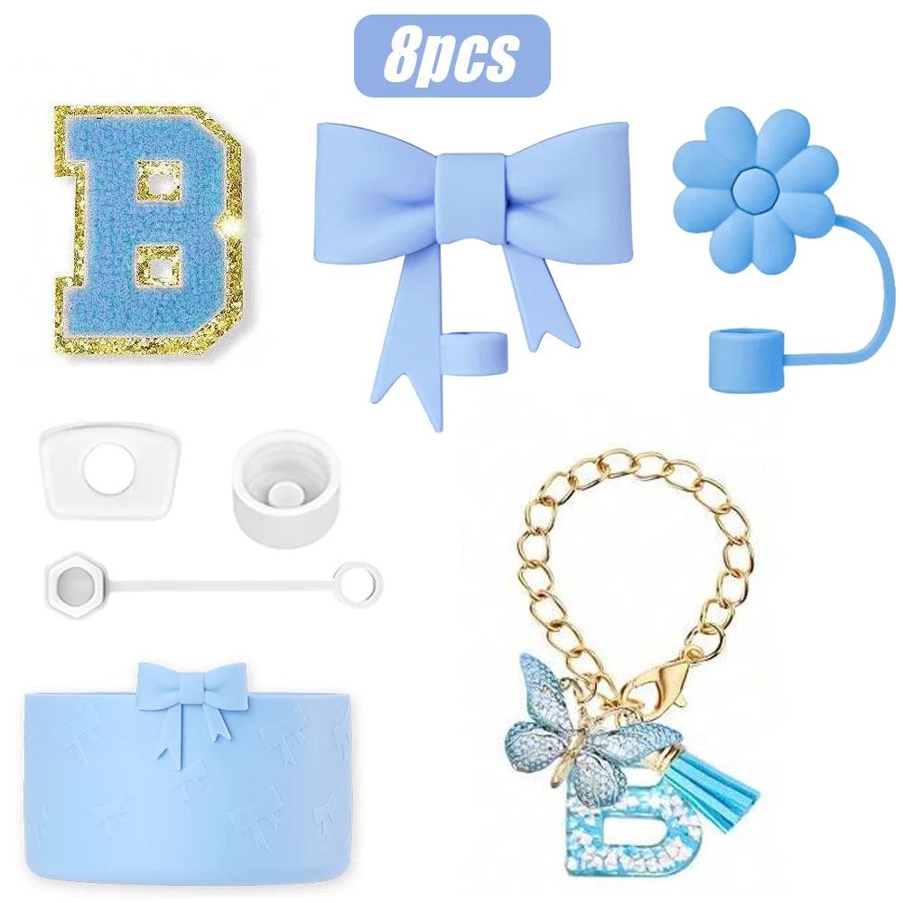 8PCS Cup Accessories Set for Stanley Cup 30oz 40oz, A-Z Initials Decorations, Including Silicone Straw Cover Cap,Sticker ﻿ ﻿