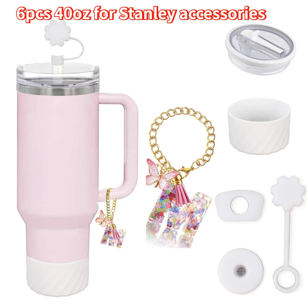 6pcs Accessories Set for Stanley Cup 40oz Including Glitter Silicone Boot Diamond Butterfly Charm Chain Bow Silicone Straw