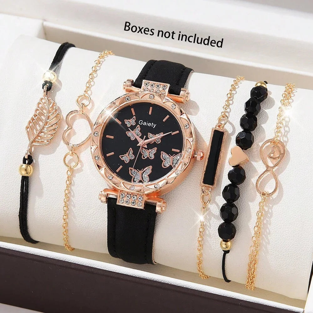6PCS Set Watch For Women Luxury Leather Analog Ladies Quartz Wrist Watch Fashion Bracelet Watch Set Female Relogio Feminino